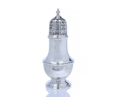 A Georgian style silver caster on pedestal foot of baluster form and urn shaped finial, Birmingham 1876, 185 grams