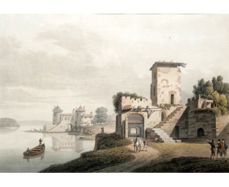 Engravings to include a harbour scene, 'Rosiere', published by R Bowyer, 1815, hand coloured, 34cm x 25cm, together with a po