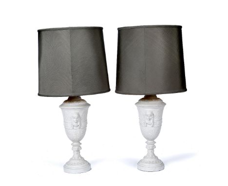 A pair of painted metal table lamps and shades and an alabaster table lamp and shade