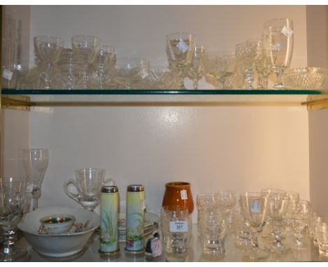 A collection of miscellaneous ceramics and glassware including a pair of ceramic vases of cylindrical form with silver mounts
