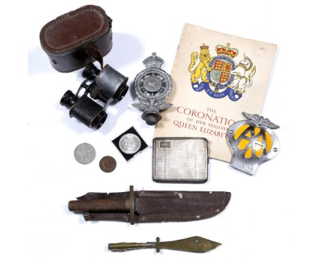 A collection of miscellaneous including a silver cigarette case with engine turned decoration, 134 grams, an AA badge, Commem