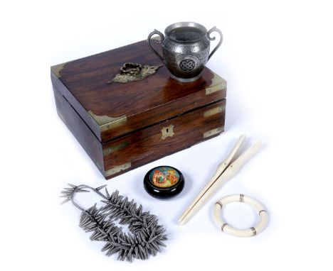 A 19th Century rosewood and brass box a pair of Victorian ivory glove stretchers, a bangle, a Russian lacquer box, a Burmese 