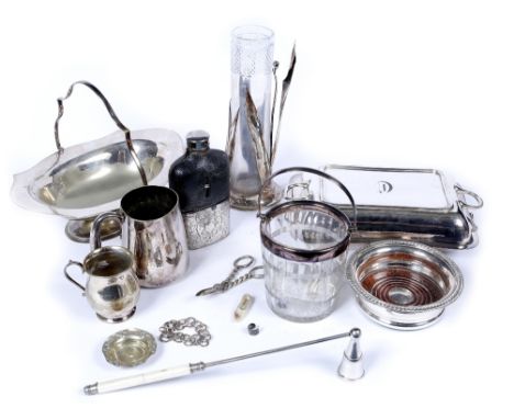 A small collection of miscellaneous silver plated ware including an entree dish, an ice bucket, a hip flask, a wine coaster e