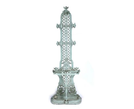 A Coalbrookdale painted cast iron hall stand with openwork back and urn finial, 173cm high, 53cm wide