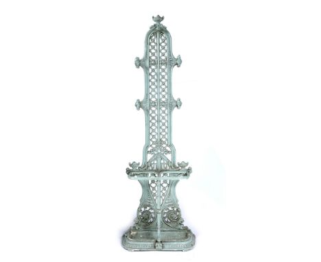 A Coalbrookdale painted cast iron hall stand with openwork back and urn finial, 173cm high, 53cm wide