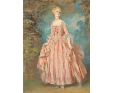 19th Century French School, a pastel portrait of an elegant lady in a formal garden, indistinctly signed and dated, 36" x 26"