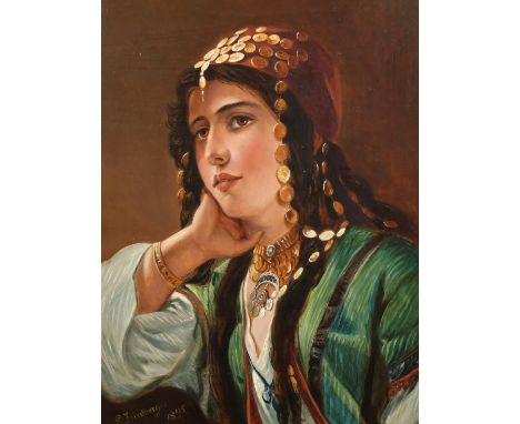 E. Friedberger, Portrait of a gypsy, oil on canvas, signed and dated 1895, 18" x 14".