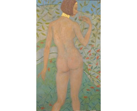 Kanwaldeep Singh Kang, signed Nicks, (1964-2000) British, a portrait of a standing female nude in a garden with trailing vine