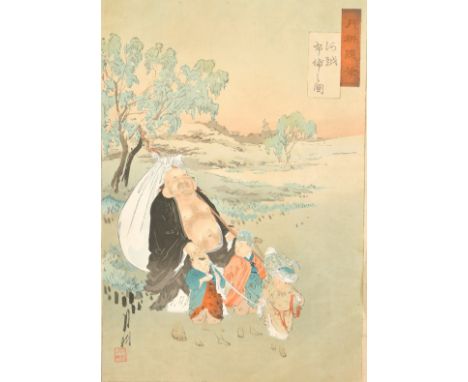 Japanese School, 19th Century, Buddha and children, colour woodblock, signed and sealed and with ink manuscript inscription i
