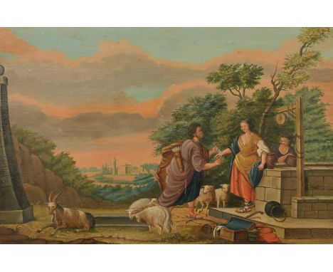 19th Century German School, Figures by a well with a town beyond, oil on panel, 17.5" x 26.5".
