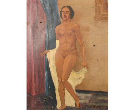 J. Nishikawa, a 20th Century portrait of a standing female nude, oil on canvas, signed, 31.5" x 23.5", (unframed).