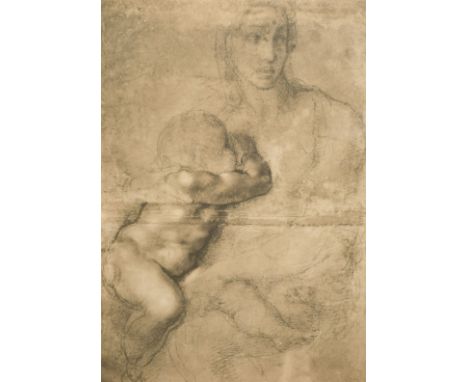 A print of a Madonna and child by Michelangelo, an Old Master drawing, Mother and child, print, 13" x 9.5".