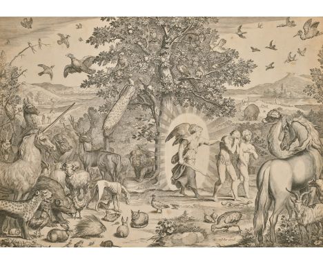Nicolaes Visscher, 'The Expulsion from Paradise', Old Master engraving, 15" x 20.5".