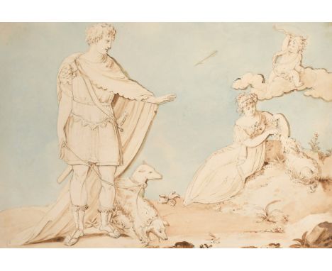 Circle of Sir William Hamilton, A romantic classical scene with a cupid firing an arrow, ink wash, 6.25" x 9", (unframed).