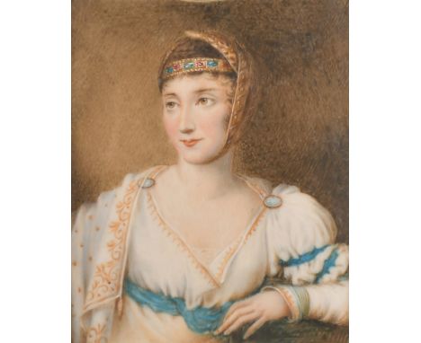 19th Century Continental School, a miniature portrait of an elegant lady with a jewelled headdress, watercolour, 3.25" x 2.75