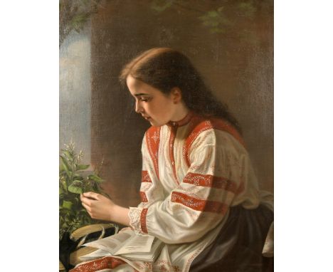 19th Century Continental School, Portrait of a young girl with a book and holding a leaf with a beetle, oil on canvas in a fi