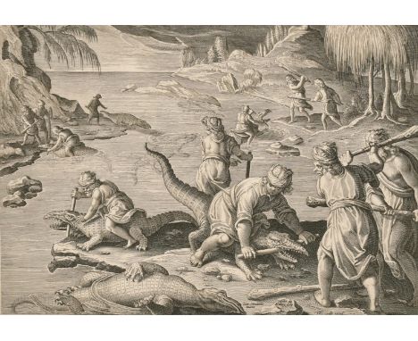 After Stradanus, an old master engraving of 'Swimmers Capturing the Nile Crocodiles', along with five other similar works aft