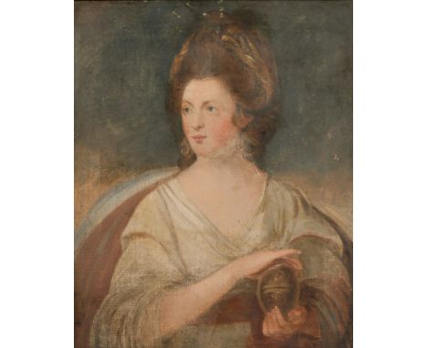 19th Century English School, a half-length portrait of a classical female figure in white robes and garlands in her hair, oil