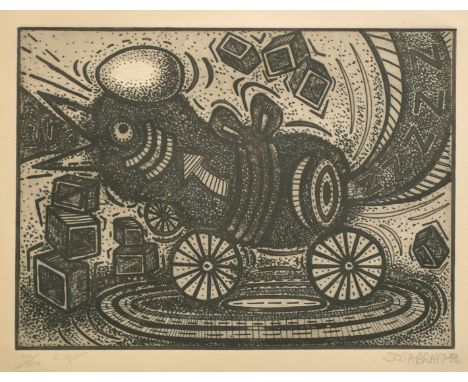 Alfredo Sosabravo, (Cuban) A bird on wheels crashing through bricks, A bird on wheels with a butterfly lithograph, numbered 3