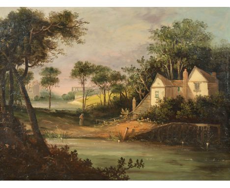 19th Century, House by a pond with figure and with church ruins beyond, oil on panel, 15"x 20", (unframed).