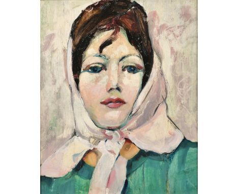 20th Century, Portrait of a lady wearing a pink scarf, oil on board, 12" x 10".