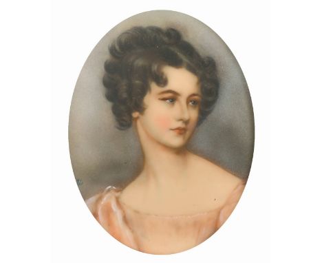 Late 19th/Early 20th Century miniature, Head and shoulders of a pretty dark-haired lady wearing a pink dress, watercolour, in