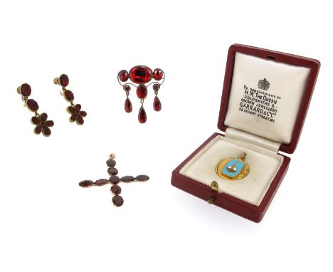 A garnet-set gold brooch with three pear-shaped garnet pendants, a George III gold cruciform pendant set with nine oval-shape