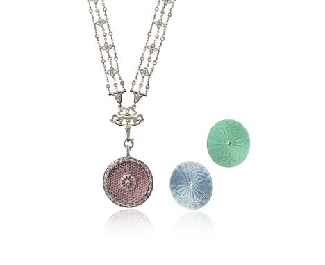 A French early 20th-century lattice work pendant and seed-pearl necklace, the open work honeycomb design pendant centred with