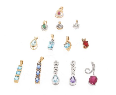 Thirteen gem-set gold pendant, including: two diamond cluster pendants, two ruby and diamond pendants, a fire opal pendant, a