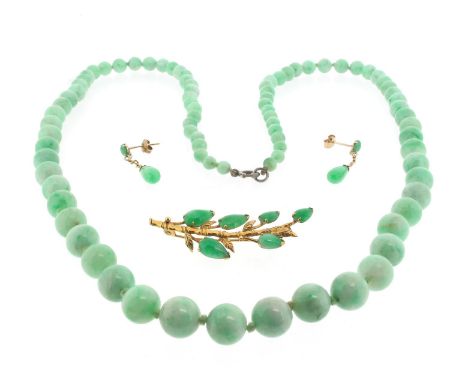 A single-row jade bead necklace, the jade beads graduate from 5.07 to 9.42mm, 78cm long. With a pair of jade earrings, mounte