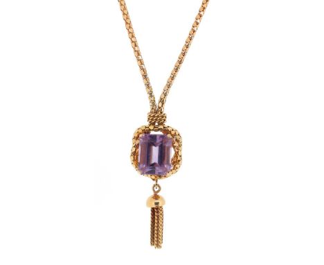 A gold mounted amethyst pendant with a gold fine link neck chain, the neck chain 52cm.