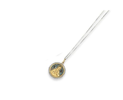An early 20th-century gold and plique-à-jour enamel pendant, the circular pendant depicting Our Lady's Tears and in seed pear