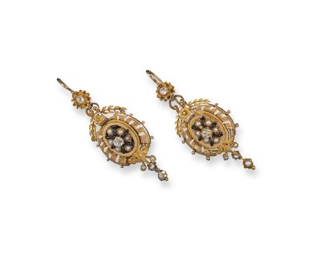 A pair of 19th century diamond enamel and pearl drop earrings, set with a central cluster of seed pearls, enamel and a diamon