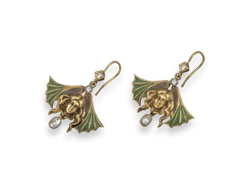 A pair of Art Nouveau style gold and plique-à-jour enamel drop earrings, designed as a girl with flowing hair and with foliat