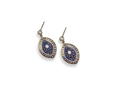 A pair of guilloche enamel earrings, the navette-shaped closed back gold panels are set with a pearl on blue enamel ground am