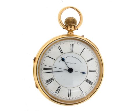 An 18ct gold open-faced pocket watch with chronograph, the white enamel dial with black Roman numerals and signed 'Samuel Qui