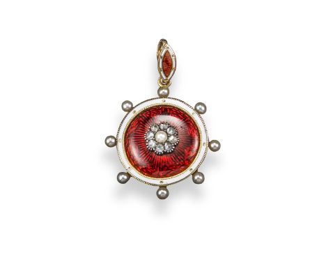 An early 20th century enamel and diamond target pendant, the circular plaque applied with a diamond and pearl-set flowerhead 