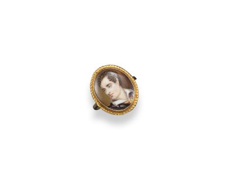 A 19th-century miniature portrait ring, depicting Lord Byron. The reverse written with the words 'Byron by J. W. Bailey'. The