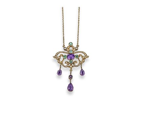 An Edwardian amethyst, blue zircon and seed pearl pendant, set with an emerald-cut amethyst within four zircons in scrolling 