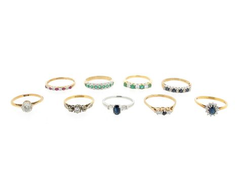 Nine gem-set gold rings, including: a diamond solitaire ring, set in yellow gold size L 1/2. A sapphire and diamond three sto