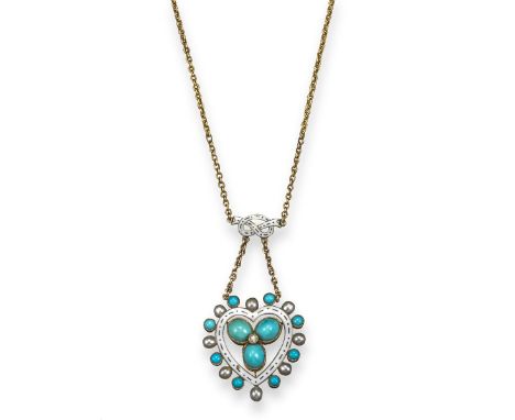 A Victorian gold heart-shaped pendant, the turquoise trefoil set within a white enamel border and turquoise and seed pearl su