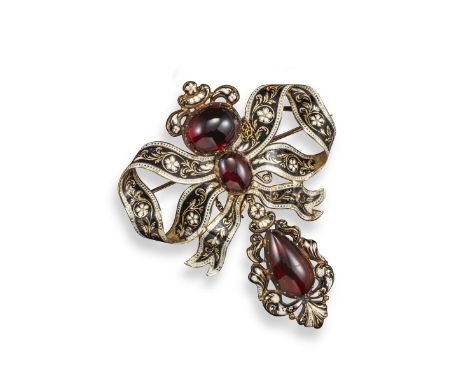 A 19th-century garnet enamel and gold brooch, designed as a bow with black, white and gold foliate enamel decoration and susp