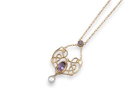 An Art Nouveau amethyst and pearl-set gold pendant by Barnet Henry Joseph, of open scroll design and suspending from a fine l