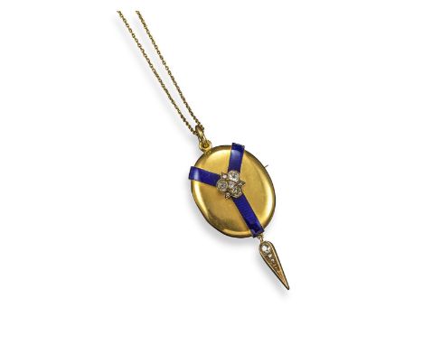 A 19th-century gold oval-shaped locket, set with a cluster of cushion-shaped diamonds mounted on a blue enamel ribbon and sus