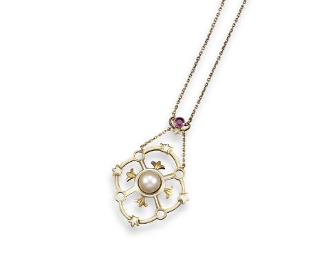 A late 19th century pearl, ruby and enamel gold pendant, set with a button shaped pearl (untested) within quarterfoil white e