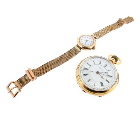 An 18ct gold open faced stem wind pocket watch, with chronograph. White enamel dial with black Roman numerals and swing recor