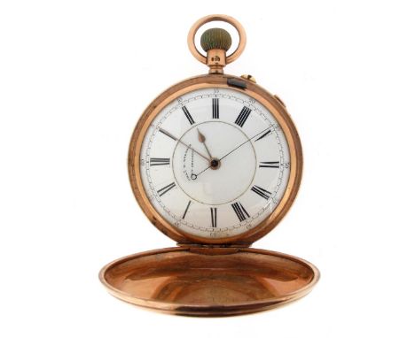 A hunting-cased pocket watch with chronograph, the white enamel dial signed 'Chas W. Webster'. 5.5cm long.