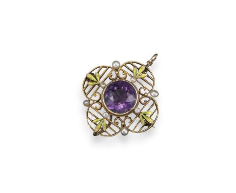 An Art Nouveau gold suffragette brooch, set with a central circular-cut amethyst within a millegrain pierced quarterfoil bord