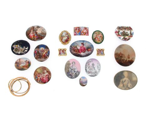 A collection of 18th and 19th century enamel painted plaques, including a pair of gold shaped square-form discs each painted 