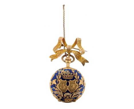 An early 20th century lady's enamel fob watch by LeCoultre & Cie, decorated with blue enamel (damaged) and a gem-set coronet 